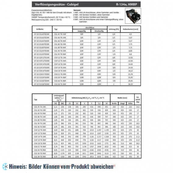 Verflüssigungssatz ACC - CGL80TB3NR, HMBP - R134a, 220-240V/1/50Hz