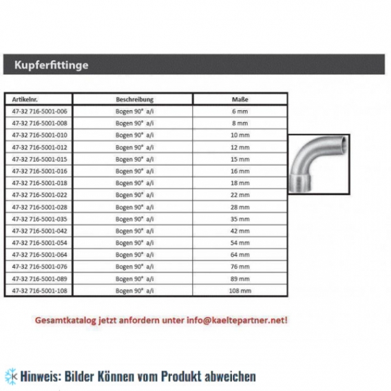 Kupferbogen 90° a/i 10 mm, 5001A