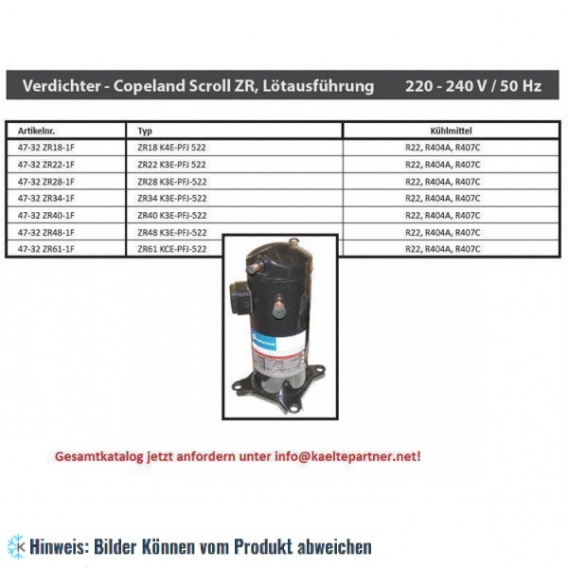 Kompressor Copeland Scroll ZR18K5E-PFJ 622, R407C, 220-240V