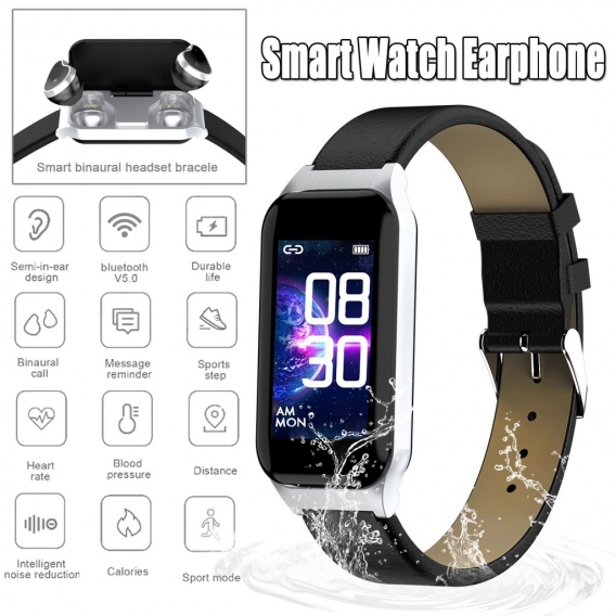 bluetooth Smartwatch Fitness Armband Fitness Tracker Sportuhr mit Earphone 2 in1