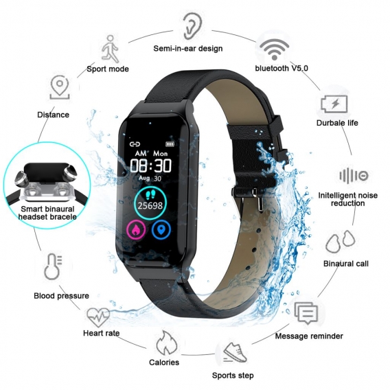 bluetooth Smartwatch Fitness Armband Fitness Tracker Sportuhr mit Earphone 2 in1