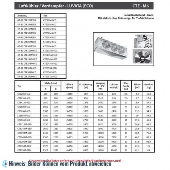 Verdampfer ECO CTE86M6ED (wurde durch GCE253E6ED ersetzt, wird auch geliefert), 4,52 kW (-8°C), Lüfter 3x250 mm, el. Abtauung