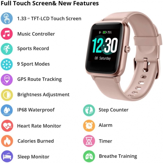 Smartwatch,smartwatch damen, Fitness Tracker Uhr 1.3" HD Voll Touchscreen, Damen Herren Uhren Watch für Android IOS, IP68 Fitnes