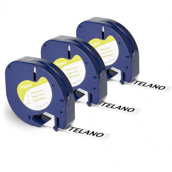 Telano® 3x kompatibles Dymo Papieretikett 91200 für Dymo LetraTag Etikettendrucker - Schwarz auf Weiß - 12 mm x 4 m - S0721510 E