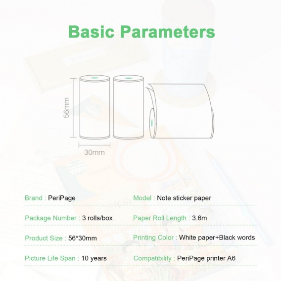 PeriPage-Thermodruckpapier Hinweis Aufkleberpapier Kompatibel mit PeriPage-Drucker A6 56 * 30 mm (3 Rollen)