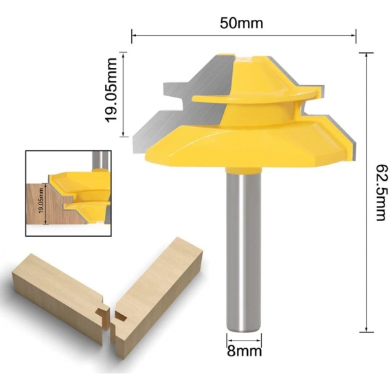 Pyzl 45-Grad-Lock-Gehrungsfräser 8mm, Holzschneider, Nutenschneider, Zapfenverbindungsschneider für Holzschneidwerkzeug für Grav