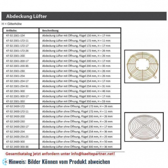 Lüftergitter, Lüfterflügel 172 mm, H ＝ 26 mm