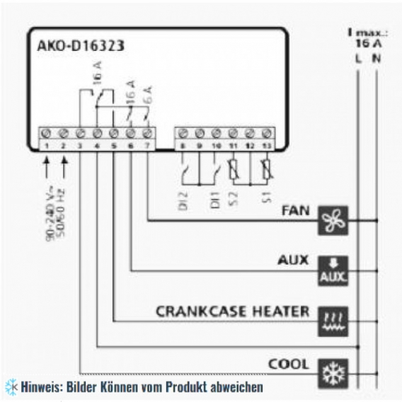 Kühlstellenregler AKO D16323, 3 Relais, 230V, 1 NTC, großes Display