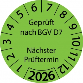 More about 10 Stück "Prüfetiketten" 20 mm -selbstklebende " nach BGV D7 Nächster Prüftermin, Startjahr: 2026" ES-PRBGVD7NP-1-2026-20-579-PA