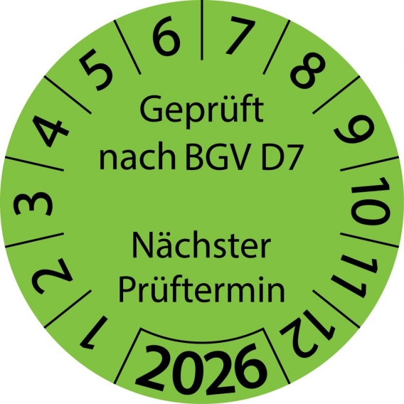 10 Stück "Prüfetiketten" 50 mm -selbstklebende " nach BGV D7 Nächster Prüftermin, Startjahr: 2026" ES-PRBGVD7NP-1-2026-50-579-PA