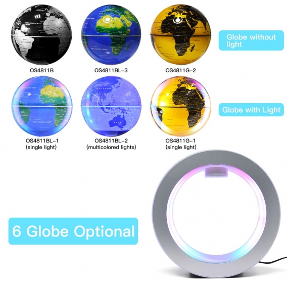 Floating Globe mit LED Multicolor Base Kreative 4-Zoll-Rundrahmen Anti-Schwerkraft-Magnetschwebebahn Rotierende Weltkarte fuer K