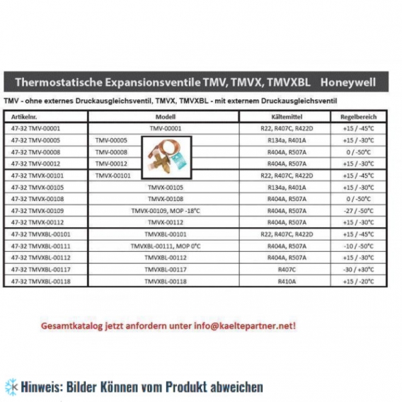 Thermostatisches Expansionsventil Honeywell, TMVX-00101, R22, R407C,R422D, ohne Düse