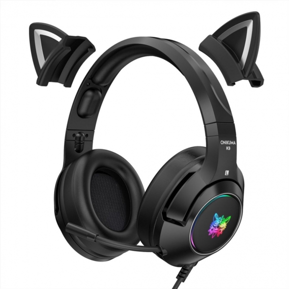 Onikuma k9 Gaming Headset Kopf montiert RGB kabelgebundenes Headset mit Mikrofon für PS4/Xbox, Abnehmbare Katzenohren Mädchenges