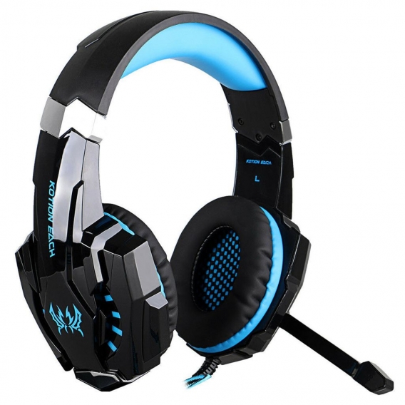 3.5mm Gaming Kopfhörer Over Ear Game Headset Geräuschunterdrückung Kopfhörer mit Mikrofon LED Licht Lautstärkeregler, Schwarz-bl