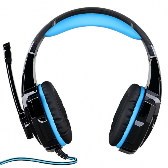 3.5mm Gaming Kopfhörer Over Ear Game Headset Geräuschunterdrückung Kopfhörer mit Mikrofon LED Licht Lautstärkeregler, Schwarz-bl