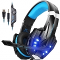 3.5mm Gaming Kopfhörer Over Ear Game Headset Geräuschunterdrückung Kopfhörer mit Mikrofon LED Licht Lautstärkeregler, Schwarz-bl