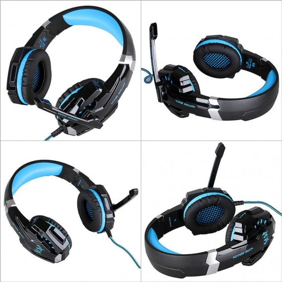 3.5mm Gaming Kopfhörer Over Ear Game Headset Geräuschunterdrückung Kopfhörer mit Mikrofon LED Licht Lautstärkeregler, Schwarz-bl