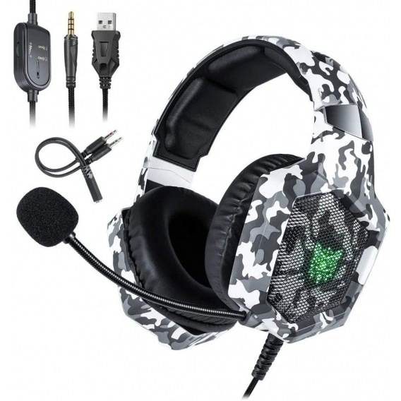 ONIKUMA K8 PS4 Kopfhörer Camouflage Kabelkopfhörer PC Gamer Stereo Gaming Headset mit Mikrofon LED Leuchten für XBox One / Lapto