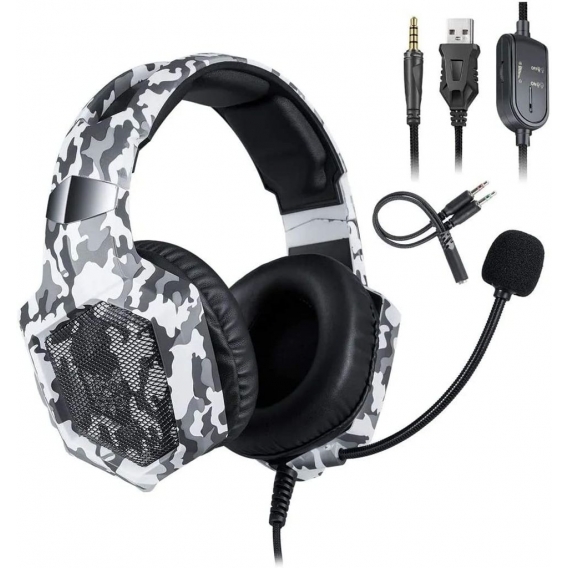 ONIKUMA K8 PS4 Kopfhörer Camouflage Kabelkopfhörer PC Gamer Stereo Gaming Headset mit Mikrofon LED Leuchten für XBox One / Lapto