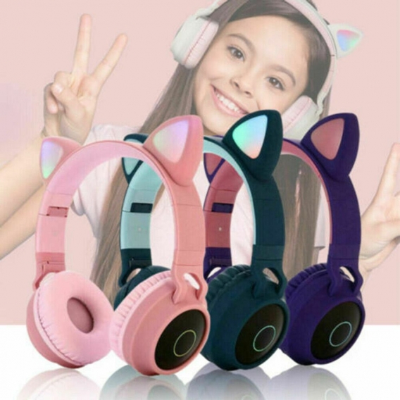 Rosa Faltbare Kopfhörer Katze Ohr Kinder Bluetooth Headset mit LED Licht Headphone