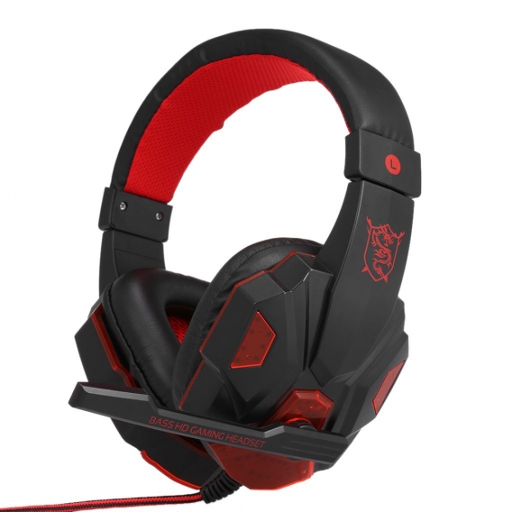 Gaming-Over-Ear-Headset mit Mikrofon, USB 3,5-mm-Schnittstelle, LED-Lautstärkeregler für PC-Laptop, Rot