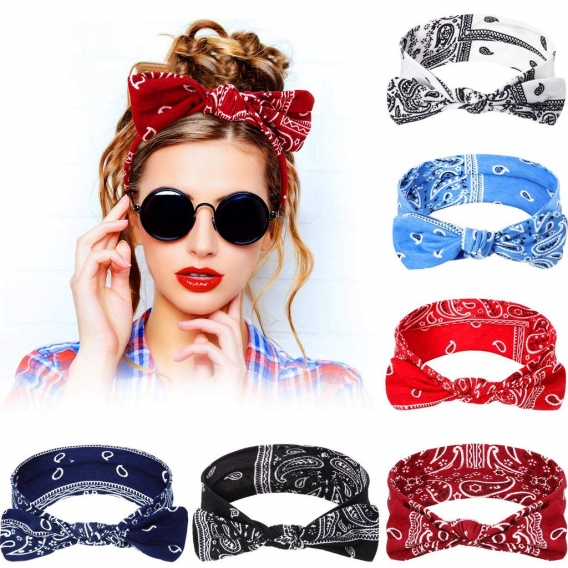 6 Stück Paisley Stirnbänder Boho Bogen Bandana Knoten Kopfbedeckung Retro Blume Gedruckt Elastische Kaninchen Ohr Haarband für M