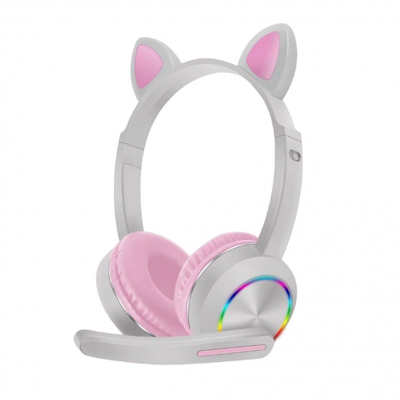 Wireless Bluetooth Kopfhörer Katze Ohr Headset LED Licht Kopfhörer w/Mikrofon für Kinder/Teenager/Jungen/Mädchen Farbe Pink Grey