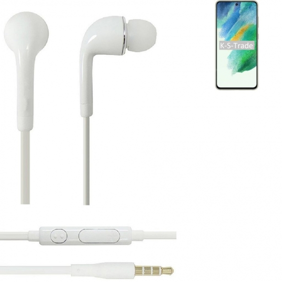 K-S-Trade Kopfhörer Headset kompatibel mit Samsung Galaxy S21 FE Exynos mit Mikrofon u Lautstärkeregler weiß 3,5mm Klinke Kabel 