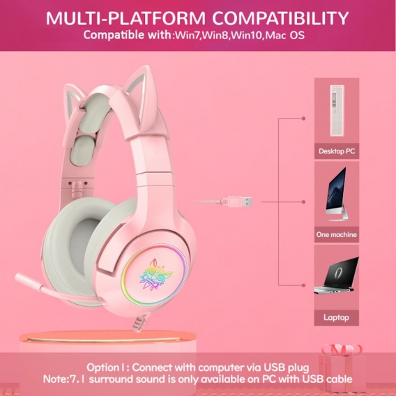 ONIKUMA K9 USB Kabelgebundenes Gaming Headset Virtual 7.1 Abnehmbarer Surround Sound Cat Ears Kopfhoerer Geraeuschunterdrueckung