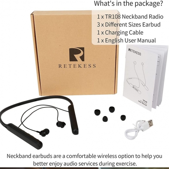 Retekess TR108 Tragbare FM Headset Radio Stereo, In-Ear Bluetooth Sport Headset mit 320mAh Akku, Bluetooth-Anruf, zum Joggen