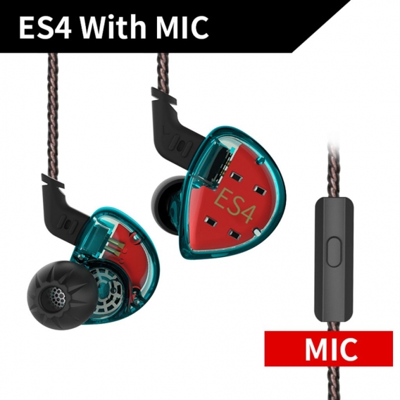 KZ ES4 Hybrid HiFi Bassy In Ear Kopfhörer / Ohrhörer / Ohrhörer mit Mikrofon mit Kabel 104dB Farbe Cyan