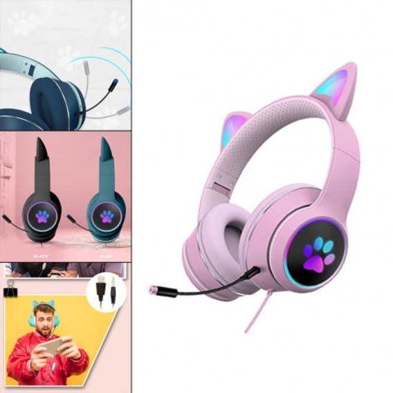 Cat Ear Wired Over-Head-Headset, RGB-LED-Licht, 7.1-Kanal, Bass Stereo Netter Gaming-Kopfhörer, mit Mikrofon für Spielgriffe, PC