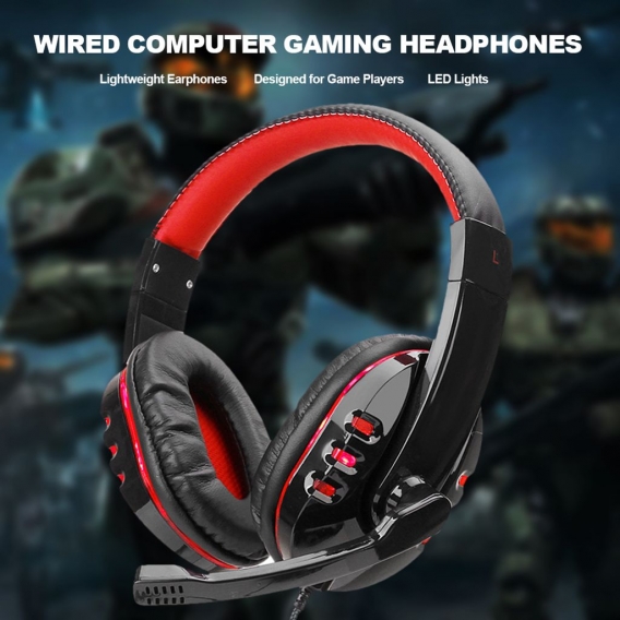 SY733MV Wired Computer Gaming Kopfhoerer Over-Ear-Spiel-Headset mit Mikrofon AUX + USB-Port Lautstaerkeregler fuer PC