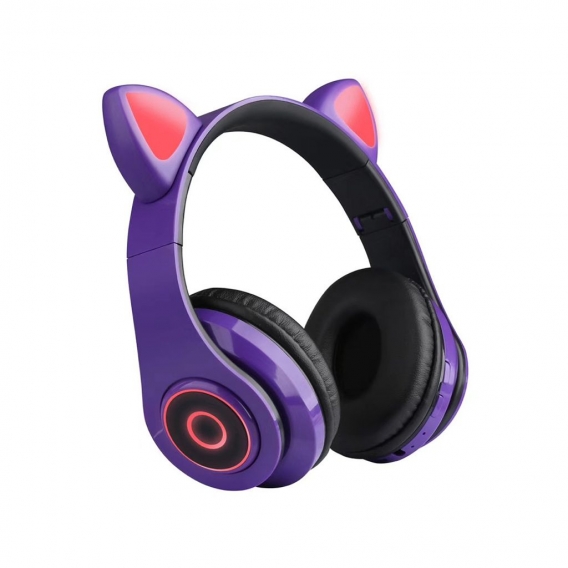 B39 Cute Cat Ear Headset Wireless BT5.0 Gaming-Kopfhoerer mit Flash-RGB-Leuchten Kopfhoerer Headset pc, Lila