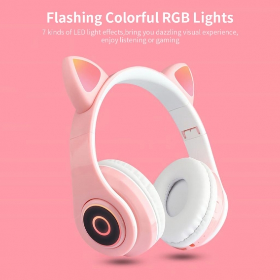 B39 Cute Cat Ear Headset Wireless BT5.0 Gaming-Kopfhoerer mit Flash-RGB-Leuchten Kopfhoerer Headset pc, Lila