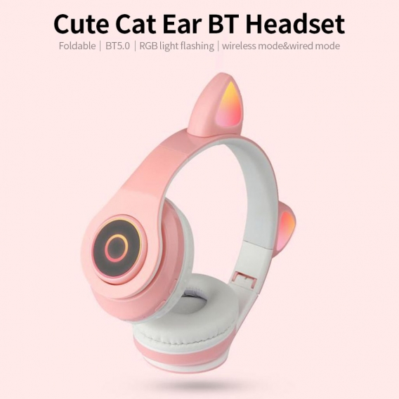 B39 Cute Cat Ear Headset Wireless BT5.0 Gaming-Kopfhoerer mit Flash-RGB-Leuchten Kopfhoerer Headset pc, Lila