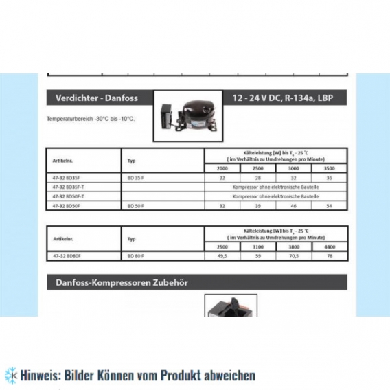 Kompressor DANFOSS BD35F-T, LBP - R134a, ohne Anlaufelektronik, 12-24 V