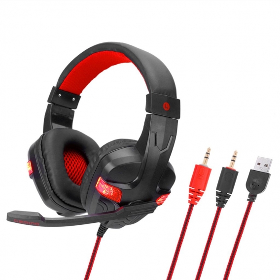 SY860MV Gaming Headset 3,5 mm Kabel ueber Ohr Kopfhoerer Noise Cancelling-Kopfhoerer mit Mikrofon LED-Licht Lautstaerkeregler AU