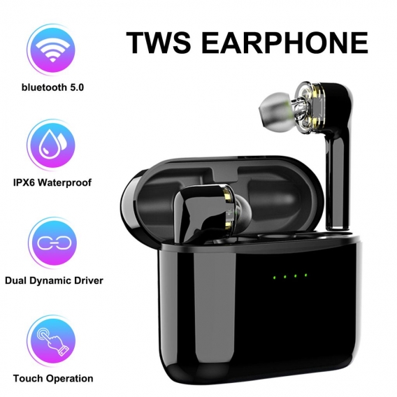 Dual Dynamic Driver Hifi Stereo TWS Bluetooth 5.0 kabellose Kopfhörer Sport Headset Ohrhörer