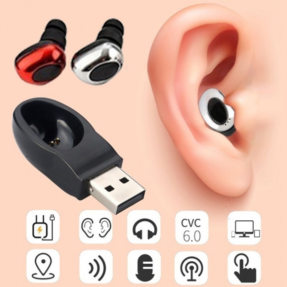 Mini Bluetooth Funkkopfhörer mit Magnet USB Ladegerät Rot