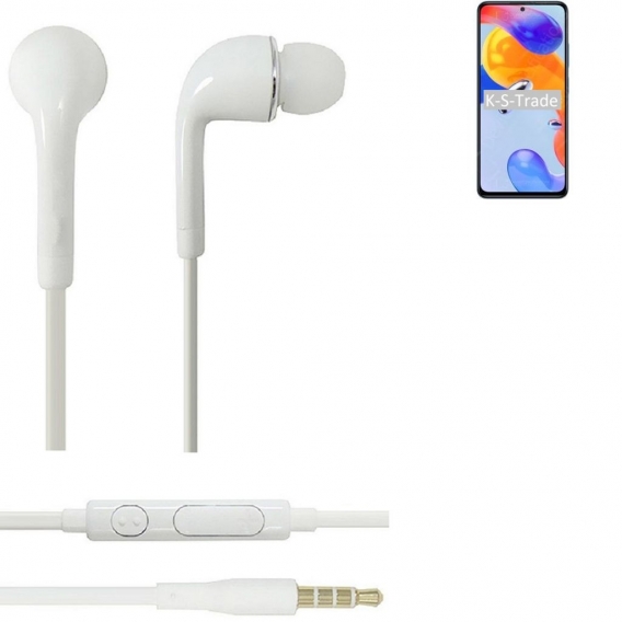 K-S-Trade Kopfhörer Headset kompatibel mit Xiaomi Redmi Note 11 Pro 5G Global mit Mikrofon u Lautstärkeregler weiß 3,5mm Klinke 