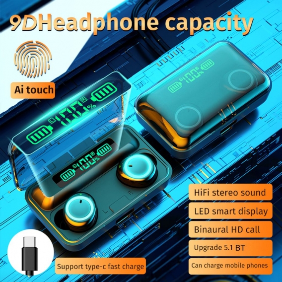 F9-3 Bluetooth 5.1 TWS-Ohrh?rer Echte kabellose Kopfh?rer Touch Control 2800mAh Ladebox Akkuleistung Mini Sports Twins Headset m