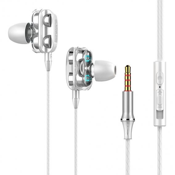 A4 Wired Earphone Dual Driver 3,5 mm Port Bass Stereo In-Ear Sport Wasserdichter Kopfhoerer (Version mit vier Lautsprechern, wei