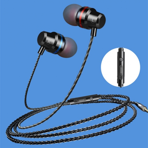 Universal Metal Shell In-Ear Heavy Bass Kabelgebundene Steuerkopfhoerer Mic Headphones-Schwarz