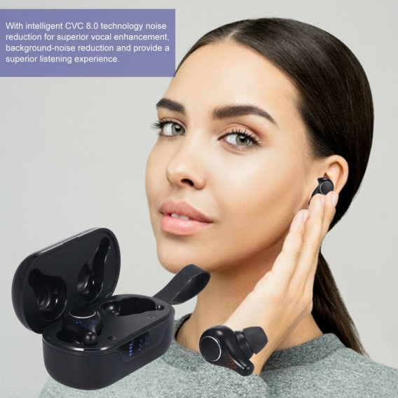 BT 5.0 True Wireless-Ohrhörer mit Ladekoffer TWS-Kopfhörer-Sport-Headset CVC 8.0 LED-Batterieanzeige zur Geräuschreduzierung