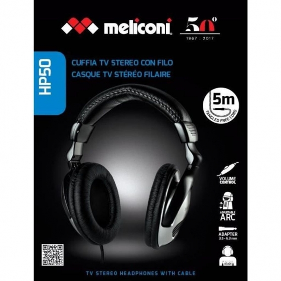 Meliconi HP50 Cuffie TV con cavo, Kopfhörer, Kopfband, Musik, Schwarz, 5 m, Verkabelt