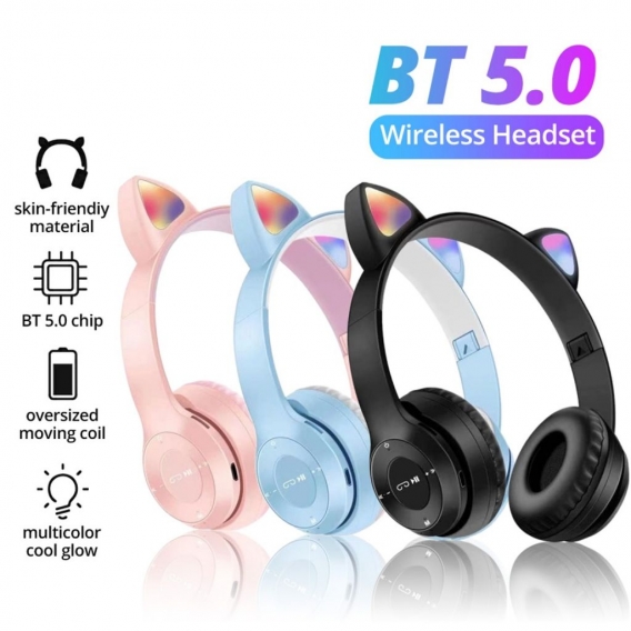 AcserGery P47 Faltbares Headset Drahtloses Bluetooth-Headset Bluetooth 5.0-Kopfhörer Cooles leuchtendes Katzenohr-Headset