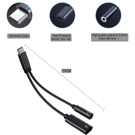 AcserGery USB-C-Adapter 3,5-mm-Klinkenlade + Kopfhöreranschluss für Galaxy Note20/S20/Note 10/S9/S10, Huawei P30/P40 Pro/Xiaomi,