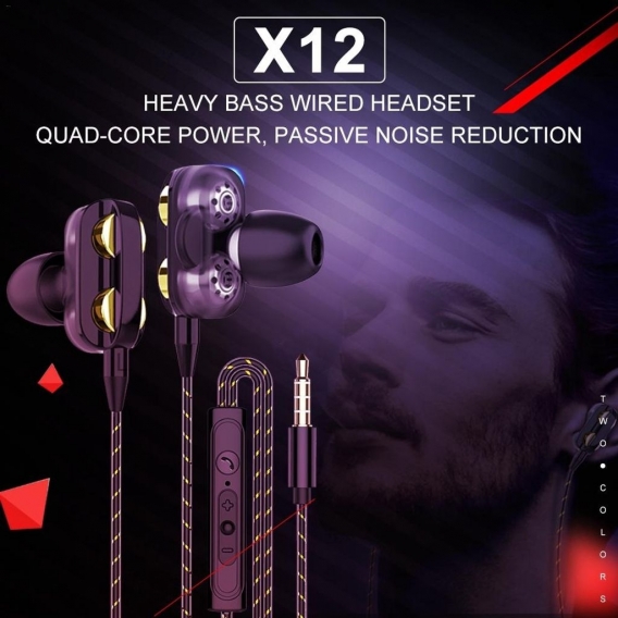 AcserGery Dual-Dynamischer Quad-Core 3,5 mm Noise Isolation Sport In-Ear-Kopfhörer mit Mikrofon und Subwoofer-Kopfhörer für Tele