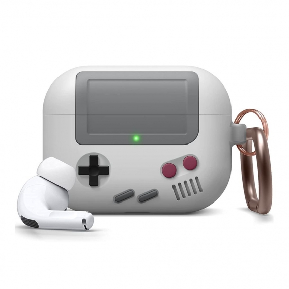 Case mit Karabiner Kompatibel mit AirPods Pro Hülle Ladecase - Design in der klassischen Handheld-Spielekonsole Schutzhülle(Grey